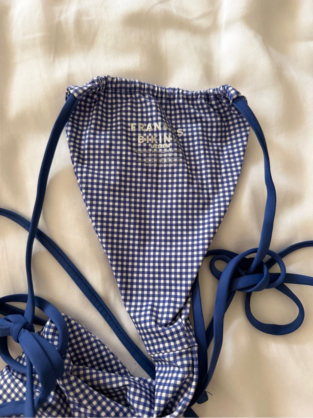 Frankie's Bikinis Blue Gingham String Bikini Top